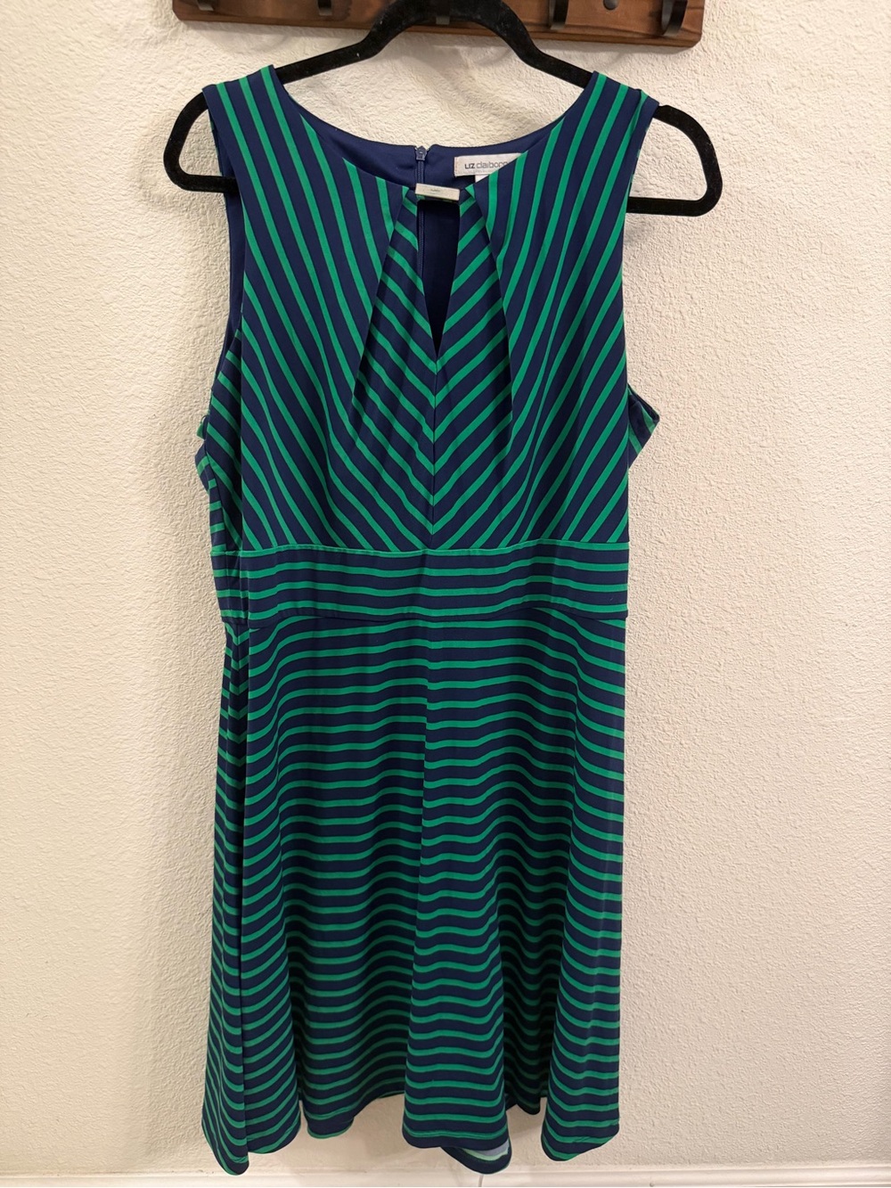 Liz Claiborne Navy and Green Striped Sleeveless Fit & Flare Dress